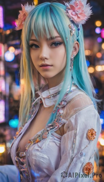 1girl,solo,long hair,breasts,looking at viewer,bangs,blue eyes,hair ornament,cleavage,jewelry,medium breasts,blue hair,jacket,upper body,flower,multicolored hair,earrings,parted lips,open clothes,hair flower,blurry,lips,see-through,eyelashes,aqua hair,makeup,depth of field,blurry background,piercing,eyeshadow,zipper,realistic,nose,bokeh,closed mouth,artist name,necklace,from side,pink flower,badge