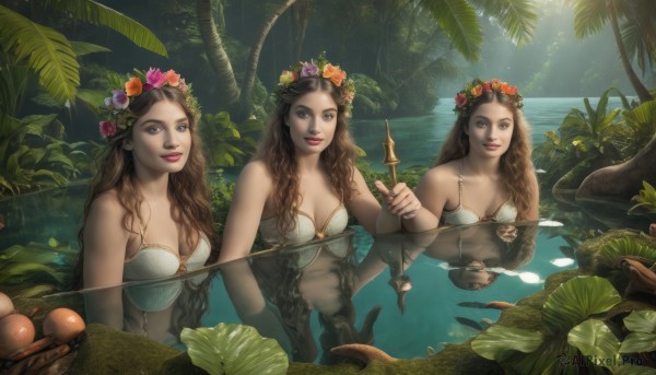 long hair,breasts,looking at viewer,smile,blue eyes,multiple girls,brown hair,hair ornament,navel,holding,cleavage,brown eyes,medium breasts,sitting,swimsuit,weapon,flower,bikini,outdoors,food,sword,hair flower,3girls,water,tree,lips,fruit,bird,leaf,wavy hair,sunlight,plant,monster girl,polearm,nature,wading,forest,partially submerged,fish,realistic,fantasy,head wreath,mermaid,mushroom,lily pad,bare shoulders,closed mouth,collarbone,braid,teeth,day,artist name,ocean,animal,red flower,pink flower,curly hair,light rays,pink rose,shell,orange flower,seashell,shell bikini,brown nails