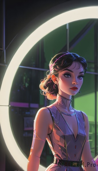 1girl,solo,breasts,looking at viewer,short hair,blue eyes,brown hair,black hair,gloves,dress,cleavage,jewelry,upper body,hairband,earrings,small breasts,parted lips,sleeveless,elbow gloves,belt,artist name,hair bun,lips,clothing cutout,makeup,lipstick,science fiction,curly hair,nose,red lips,bare shoulders,collarbone,necklace,mole,sleeveless dress,watermark,thick eyebrows,purple dress,backlighting,grey dress