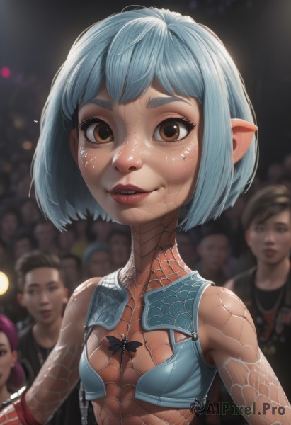 1girl,breasts,looking at viewer,smile,short hair,multiple girls,brown eyes,jewelry,blue hair,upper body,small breasts,parted lips,multiple boys,solo focus,pointy ears,blurry,lips,depth of field,blurry background,freckles,realistic,crowd,3girls,bodysuit,silk,spider web,spider web print