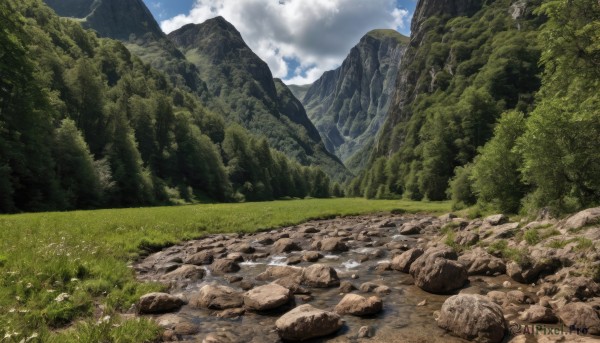 outdoors,sky,day,cloud,water,tree,blue sky,no humans,cloudy sky,grass,nature,scenery,forest,rock,mountain,river,landscape