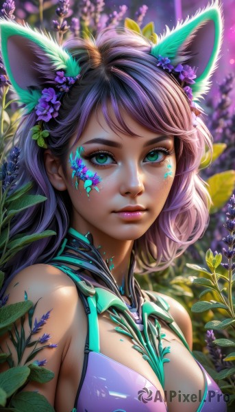 1girl,solo,long hair,breasts,looking at viewer,bangs,large breasts,hair ornament,animal ears,cleavage,bare shoulders,medium breasts,closed mouth,green eyes,upper body,purple hair,flower,artist name,cat ears,hair flower,blurry,aqua eyes,lips,fox ears,eyelashes,makeup,blurry background,swept bangs,leaf,watermark,facial mark,plant,lipstick,between breasts,web address,eyeshadow,freckles,pink lips,realistic,nose,purple flower,eyeliner,mascara,short hair,swimsuit,bikini,multicolored hair,outdoors,signature,bra,depth of field,expressionless,sunlight,nature,strap gap,facepaint