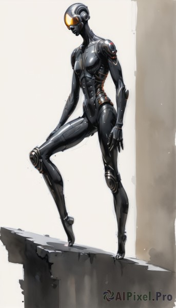 1girl,solo,standing,full body,bodysuit,helmet,robot,science fiction,black bodysuit,robot joints,power armor,humanoid robot,breasts,small breasts,glowing,goggles,long legs,joints,fewer digits