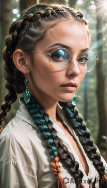 1girl,solo,long hair,looking at viewer,shirt,black hair,jewelry,green eyes,white shirt,upper body,braid,multicolored hair,hairband,earrings,outdoors,parted lips,glasses,day,artist name,necklace,mole,blurry,twin braids,two-tone hair,tree,lips,eyelashes,gradient hair,makeup,depth of field,blurry background,sunlight,gem,mole under mouth,hair over shoulder,forehead,lens flare,freckles,realistic,nose,round eyewear,unbuttoned,bokeh,green gemstone,brown-framed eyewear,multiple braids,mole on cheek,blue eyes,collared shirt,orange hair,aqua eyes,mole under eye,watermark,thick eyebrows,portrait,eyeshadow,light rays,glint,mascara,yellow-framed eyewear