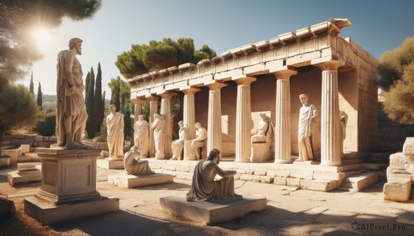 solo,long hair,black hair,sitting,standing,outdoors,multiple boys,sky,day,tree,sunlight,scenery,robe,stairs,ruins,pillar,statue,arch,column,cloud,blue sky,no humans,sun,bush,architecture,stone