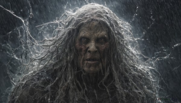 solo,long hair,looking at viewer,black hair,1boy,closed mouth,upper body,male focus,outdoors,water,black eyes,wet,scar,portrait,hood up,rain,1girl,smile,white hair,grey hair,grey eyes,blood,veil,old,lightning,old woman