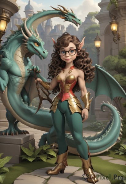 1girl,solo,long hair,breasts,looking at viewer,smile,blue eyes,brown hair,holding,cleavage,bare shoulders,medium breasts,closed mouth,standing,tail,full body,boots,outdoors,wings,horns,sky,glasses,day,pointy ears,pants,artist name,cloud,armor,high heels,tree,lips,wavy hair,plant,building,high heel boots,dragon horns,black-framed eyewear,curly hair,dragon girl,breastplate,fantasy,dragon,dragon tail,holding clothes,scales,lamppost,green pants,bustier,dragon wings,bangs,collarbone,weapon,small breasts,teeth,sword,strapless,watermark,stairs,nose,castle