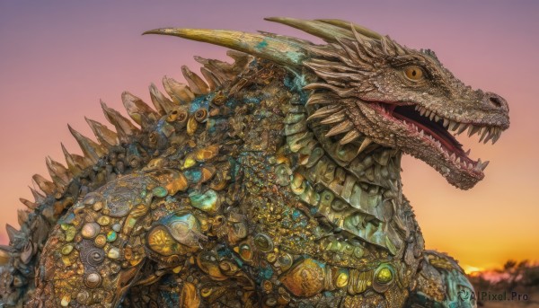 open mouth,yellow eyes,outdoors,horns,sky,teeth,no humans,fangs,robot,sharp teeth,sunset,monster,dragon,scales,orange sky,kaijuu,solo,cloud,blurry,from side,profile,spikes,gradient sky