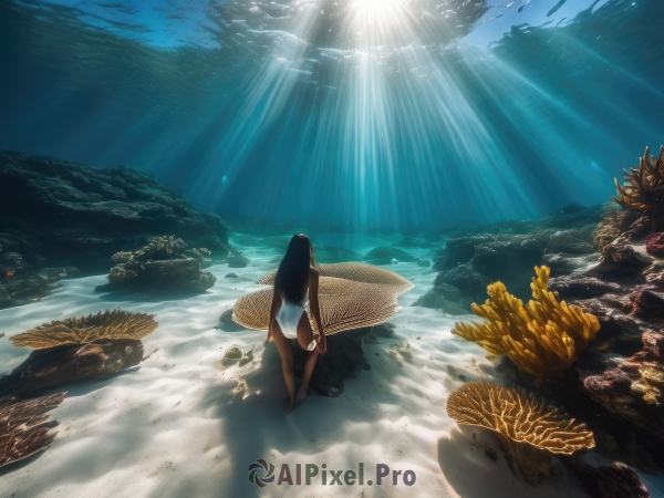 1girl,solo,long hair,black hair,swimsuit,ass,outdoors,barefoot,day,dark skin,water,from behind,dark-skinned female,one-piece swimsuit,ocean,beach,sunlight,scenery,fish,light rays,rock,underwater,sand,sunbeam,shell,swimming,turtle,footprints,freediving,coral,dress,holding,white dress,shadow