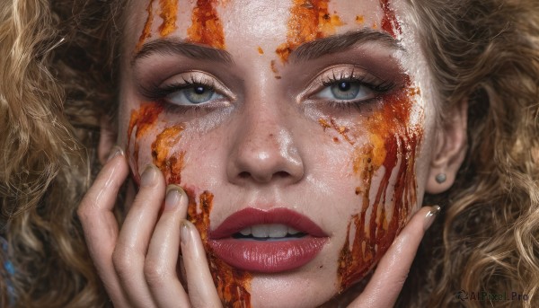 1girl,solo,long hair,looking at viewer,blue eyes,blonde hair,jewelry,earrings,parted lips,teeth,mole,lips,fingernails,grey eyes,eyelashes,blood,makeup,wavy hair,lipstick,portrait,close-up,hand on own face,freckles,realistic,nose,red lips,stud earrings,paint splatter,paint,mole on cheek,brown hair,nail polish,blood on face,hands on own face