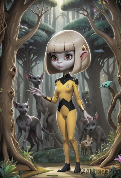 1girl,solo,breasts,smile,short hair,bangs,blonde hair,hair ornament,red eyes,brown eyes,jewelry,standing,full body,flower,white hair,small breasts,outdoors,shoes,pointy ears,artist name,signature,blunt bangs,tree,bodysuit,colored skin,animal,cat,bob cut,grass,pale skin,nature,forest,rabbit,mushroom,mouse,yellow bodysuit,leaf,deer