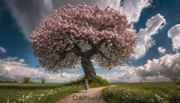 1girl, solo, long hair, dress, standing, flower, outdoors, sky, day, cloud, tree, cloudy sky, grass, scenery, field