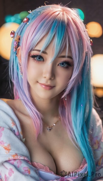 1girl,solo,long hair,breasts,looking at viewer,smile,bangs,blue eyes,large breasts,hair ornament,cleavage,hair between eyes,jewelry,medium breasts,closed mouth,underwear,blue hair,collarbone,upper body,pink hair,multicolored hair,earrings,artist name,necklace,bra,blurry,two-tone hair,lips,head tilt,eyelashes,aqua hair,gradient hair,makeup,depth of field,blurry background,watermark,piercing,floral print,light smile,ear piercing,web address,eyeshadow,pink lips,realistic,pink bra,nose,bokeh,mascara,lipstick,eyeliner