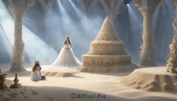 1girl,long hair,multiple girls,blonde hair,black hair,1boy,dress,2girls,bare shoulders,sitting,standing,flower,from behind,cape,white dress,sunlight,crown,veil,scenery,light rays,wedding dress,long dress,sunbeam,wide shot,chess piece,pillar,statue,brown hair,holding,sand,desert,dust