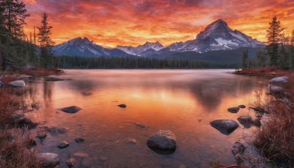 outdoors,sky,cloud,water,tree,no humans,cloudy sky,grass,nature,scenery,forest,reflection,sunset,rock,mountain,bare tree,river,evening,landscape,mountainous horizon,lake,gradient sky,orange sky,red sky,reflective water