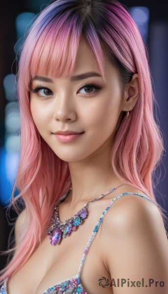 1girl,solo,long hair,breasts,looking at viewer,smile,bangs,cleavage,bare shoulders,brown eyes,jewelry,medium breasts,closed mouth,underwear,swimsuit,upper body,pink hair,bikini,multicolored hair,earrings,necklace,bra,blurry,lips,makeup,blurry background,realistic,eyelashes