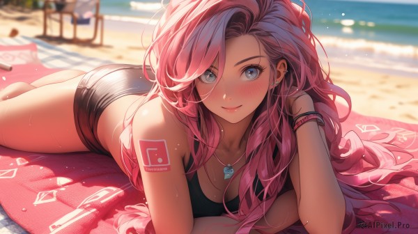 1girl,solo,long hair,breasts,looking at viewer,blush,smile,bangs,blue eyes,large breasts,cleavage,hair between eyes,bare shoulders,jewelry,medium breasts,very long hair,closed mouth,collarbone,swimsuit,pink hair,ass,bikini,thighs,sweat,earrings,outdoors,lying,shorts,barefoot,day,water,necklace,nail polish,blurry,bracelet,lips,wet,short shorts,eyelashes,bare legs,tattoo,depth of field,blurry background,black bikini,ocean,umbrella,wavy hair,beach,black shorts,piercing,on stomach,towel,wristband,ear piercing,pink lips,sand,bangle,stud earrings,shade,arm tattoo,shoulder tattoo,beach towel,multicolored hair,sky,midriff,two-tone hair,blue sky,streaked hair,crop top,gun,bare arms,feet out of frame,arm support,tank top,messy hair,handgun,pendant,curly hair,hand in own hair,head rest,palm tree,black tank top,mascara,shell necklace