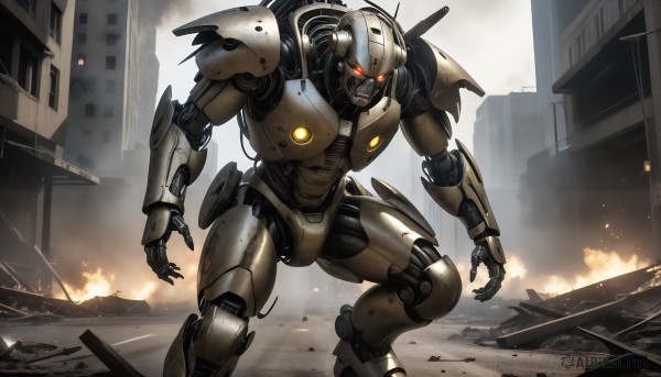 HQ,solo,red eyes,military,no humans,glowing,fire,robot,ground vehicle,building,mecha,glowing eyes,motor vehicle,smoke,science fiction,city,realistic,military vehicle,explosion,ruins,damaged,open hands,debris,embers,burning,looking at viewer,1boy,weapon,male focus,outdoors,armor,power armor,destruction