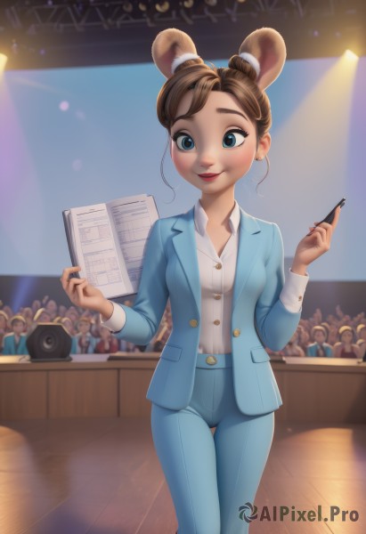 1girl,solo,breasts,looking at viewer,smile,blue eyes,brown hair,shirt,long sleeves,holding,animal ears,standing,jacket,white shirt,open clothes,solo focus,pants,indoors,hair bun,open jacket,makeup,buttons,thigh gap,formal,suit,blue jacket,mouse ears,blue pants,red lips,office lady,mouse girl,short hair,jewelry,earrings,lips,phone,single hair bun,cellphone,smartphone,holding phone,pen,crowd,stage