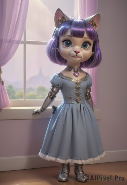 1girl,solo,looking at viewer,smile,short hair,bangs,blue eyes,hair ornament,dress,animal ears,jewelry,closed mouth,blue hair,standing,collarbone,tail,full body,purple hair,short sleeves,earrings,small breasts,boots,frills,shoes,choker,day,puffy sleeves,shiny,belt,artist name,indoors,cat ears,signature,blunt bangs,necklace,black footwear,shiny hair,flat chest,aqua eyes,tree,puffy short sleeves,window,:3,blue dress,watermark,happy,sunlight,bob cut,curtains,brooch,gem,child,web address,furry,cross-laced footwear,furry female,female child,body fur,animal nose,snout,two-tone fur,blue gemstone,blue fur,breasts,skirt,bow,green eyes,ahoge,sidelocks,teeth,alternate costume,fox ears,bell,buttons,brown footwear,antenna hair,jingle bell,corset,neck bell,backlighting,legs together,glint,grey dress,mechanical arms,grey footwear,white fur,straight-on,cyborg,single mechanical arm,gold,prosthesis,grey fur