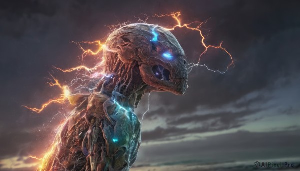 solo, blue eyes, outdoors, sky, cloud, no humans, glowing, cloudy sky, robot, glowing eyes, science fiction, realistic, electricity, scales, lightning, alien, kaijuu