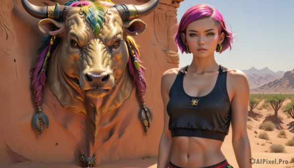 1girl,solo,breasts,looking at viewer,short hair,navel,cleavage,bare shoulders,brown eyes,jewelry,medium breasts,closed mouth,collarbone,upper body,pink hair,braid,multicolored hair,earrings,small breasts,outdoors,horns,sky,day,midriff,dark skin,necklace,stomach,lips,crop top,animal,tank top,mountain,realistic,nose,chinese zodiac,desert,parted lips,signature,orange eyes,piercing,hoop earrings,year of the ox,nose piercing,cow