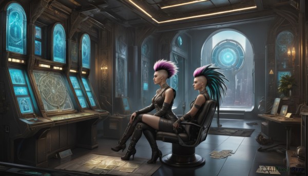 long hair,breasts,smile,short hair,multiple girls,black hair,thighhighs,gloves,2girls,bare shoulders,jewelry,sitting,ponytail,pink hair,purple hair,multicolored hair,earrings,boots,detached sleeves,shorts,sleeveless,elbow gloves,indoors,dark skin,fingerless gloves,black footwear,high heels,two-tone hair,dark-skinned female,window,chair,piercing,knee boots,crossed legs,plant,desk,high heel boots,science fiction,undercut,monitor,mohawk,vi (league of legends),medium breasts,blue hair,tattoo,siblings,thigh boots,spiked hair,sisters,realistic,eyebrow piercing