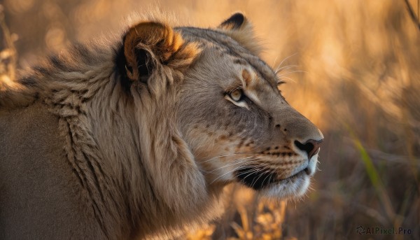 solo,closed mouth,horns,signature,blurry,from side,no humans,depth of field,blurry background,animal,cat,portrait,realistic,animal focus,whiskers,lion,yellow eyes,profile