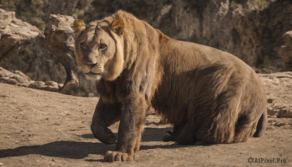 solo,looking at viewer,brown eyes,closed mouth,full body,outdoors,day,blurry,tree,no humans,blurry background,shadow,animal,nature,rock,realistic,animal focus,photo background,all fours