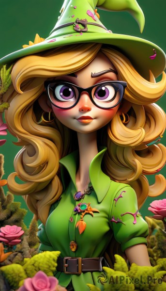 1girl,solo,long hair,breasts,looking at viewer,blush,smile,blonde hair,shirt,hat,jewelry,closed mouth,purple eyes,upper body,flower,short sleeves,earrings,small breasts,glasses,collared shirt,belt,artist name,necklace,lips,makeup,witch hat,buttons,rose,leaf,plant,lipstick,buckle,pink flower,pendant,eyeshadow,green background,black-framed eyewear,curly hair,belt buckle,green headwear,green shirt,red lips,witch,brown belt,pink rose,dress,puffy sleeves,puffy short sleeves,eyelashes,watermark,green dress,pink lips,nose