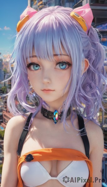 1girl,solo,long hair,breasts,looking at viewer,bangs,blue eyes,hair ornament,cleavage,bare shoulders,jewelry,medium breasts,closed mouth,underwear,collarbone,swimsuit,upper body,ponytail,sidelocks,bikini,earrings,small breasts,outdoors,sky,choker,day,medium hair,bra,collar,aqua eyes,blue sky,lips,eyelashes,headgear,white bikini,building,bikini top only,white bra,city,grey hair,realistic,cityscape