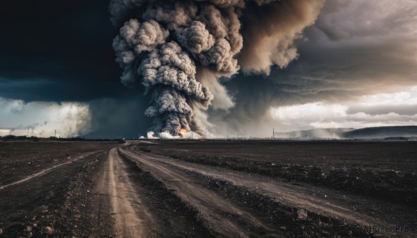 outdoors,sky,cloud,signature,no humans,cloudy sky,fire,scenery,smoke,science fiction,monster,day,water,ocean,sunlight,light rays,sand,horizon,landscape