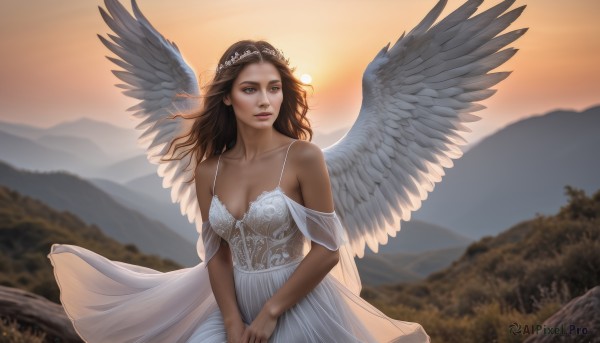 1girl,solo,long hair,breasts,brown hair,dress,cleavage,bare shoulders,brown eyes,medium breasts,collarbone,outdoors,wings,sky,white dress,blurry,tree,lips,blurry background,sunlight,tiara,nature,feathered wings,sunset,angel wings,mountain,realistic,white wings,sun,angel,scenery,head wreath