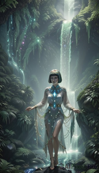 1girl,solo,breasts,looking at viewer,short hair,bangs,black hair,hair ornament,long sleeves,dress,jewelry,medium breasts,standing,full body,earrings,outdoors,parted lips,barefoot,belt,dark skin,blunt bangs,water,nail polish,bracelet,dark-skinned female,tree,lips,see-through,makeup,toes,sunlight,bob cut,plant,gem,nature,scenery,wading,forest,toenails,rock,fantasy,anklet,waterfall,closed mouth,artist name,black eyes,clothing cutout,leaf,sandals,pelvic curtain,toenail polish,shoulder cutout,moss,barefoot sandals