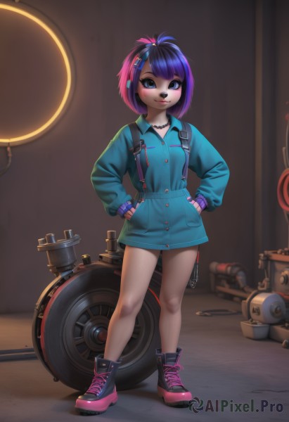 1girl,solo,breasts,looking at viewer,blush,smile,short hair,bangs,blue eyes,hair ornament,long sleeves,dress,jewelry,closed mouth,blue hair,standing,full body,pink hair,purple hair,multicolored hair,boots,shoes,hairclip,artist name,indoors,signature,necklace,black footwear,black eyes,bracelet,two-tone hair,lips,streaked hair,bare legs,makeup,buttons,blue dress,swept bangs,watermark,backpack,ground vehicle,no pants,sneakers,child,web address,motor vehicle,furry,cross-laced footwear,legs apart,hands on hips,hands in pockets,furry female,female child,ankle boots,motorcycle,black hair,small breasts,bag,mole,colored skin,headphones,light smile,lipstick,eyeshadow,nose,eyeliner