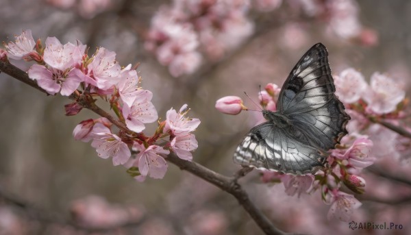 flower, outdoors, wings, day, blurry, tree, no humans, depth of field, blurry background, bug, cherry blossoms, butterfly, pink flower, branch