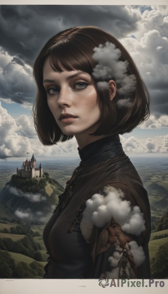 1girl,solo,breasts,looking at viewer,short hair,bangs,blue eyes,brown hair,upper body,outdoors,parted lips,sky,day,artist name,cloud,signature,lips,bob cut,cloudy sky,scenery,smoke,freckles,mountain,nose,water,from side,blue sky,eyelashes,makeup,turtleneck,bird,ocean,realistic,horizon,castle,landscape