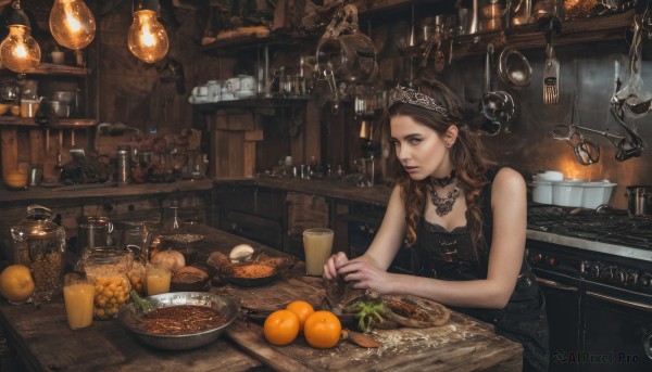 1girl,solo,long hair,breasts,brown hair,dress,holding,cleavage,bare shoulders,brown eyes,jewelry,braid,earrings,food,sleeveless,choker,indoors,signature,necklace,mole,black dress,cup,lips,fruit,sleeveless dress,black choker,table,bottle,tiara,knife,plate,alcohol,drinking glass,freckles,bowl,realistic,spoon,fantasy,glass,bread,egg,cooking,orange (fruit),kitchen,jar,counter,stove,cutting board,loaded interior,medium breasts,sitting,hairband,artist name,basket,headdress,spatula