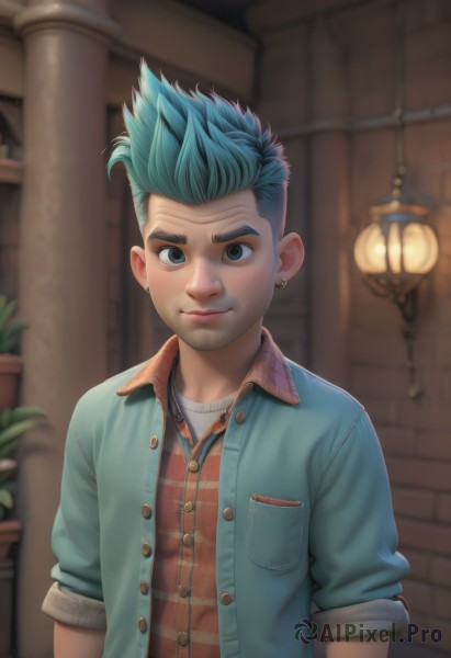 solo,looking at viewer,blush,smile,short hair,blue eyes,shirt,1boy,jewelry,closed mouth,blue hair,jacket,upper body,male focus,earrings,green hair,open clothes,collared shirt,artist name,indoors,blurry,black eyes,open jacket,plaid,aqua hair,buttons,blurry background,facial hair,piercing,plant,spiked hair,ear piercing,beard,sleeves rolled up,freckles,realistic,stubble,unbuttoned,stud earrings,plaid shirt,outdoors,necklace,lips,depth of field,thick eyebrows,blue jacket,striped shirt,lamp,brick wall,lamppost,denim jacket