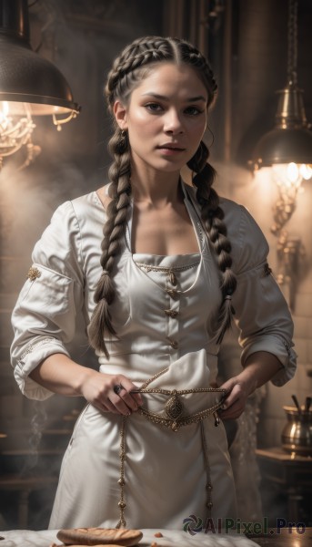 1girl,solo,long hair,breasts,looking at viewer,brown hair,black hair,long sleeves,dress,holding,cleavage,brown eyes,jewelry,medium breasts,standing,braid,cowboy shot,earrings,parted lips,food,puffy sleeves,indoors,necklace,white dress,blurry,twin braids,lips,blurry background,chain,table,ring,hair over shoulder,plate,freckles,realistic,nose,candle,bread,knife,steak