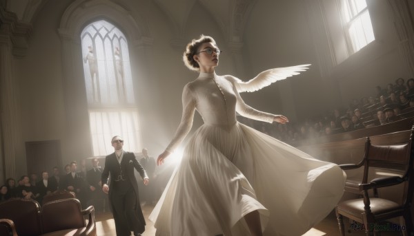 1girl,short hair,brown hair,black hair,long sleeves,1boy,dress,jewelry,standing,flower,multiple boys,wings,necktie,glasses,solo focus,pants,indoors,necklace,hair bun,white dress,lips,see-through,window,chair,formal,table,sunlight,single hair bun,suit,feathered wings,backlighting,6+boys,angel wings,light rays,angel,sunbeam,statue,crowd,piano,church,chandelier,breasts,closed mouth,bird,long dress,dove