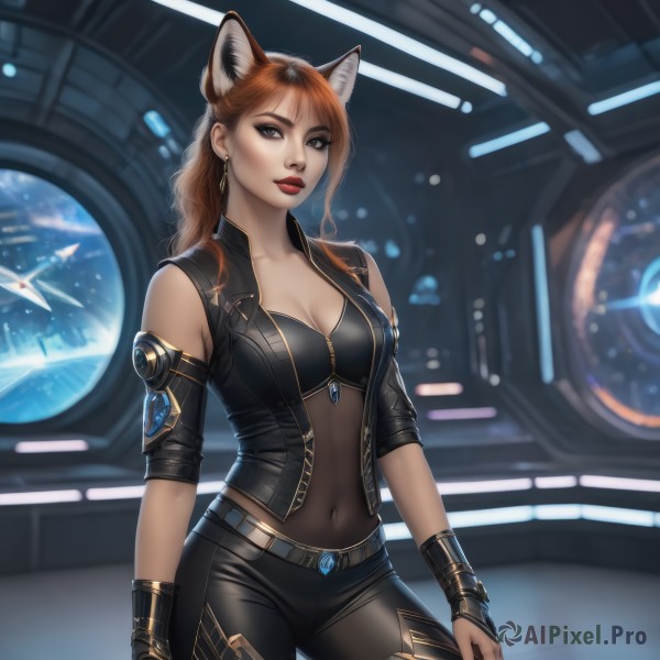 1girl,solo,long hair,breasts,looking at viewer,brown hair,navel,animal ears,cleavage,brown eyes,jewelry,medium breasts,jacket,cowboy shot,earrings,parted lips,open clothes,belt,pants,artist name,cat ears,vest,lips,fox ears,bodysuit,covered navel,makeup,black pants,lipstick,skin tight,science fiction,aircraft,red lips,leather,planet,spacecraft,gloves,red hair,detached sleeves,fingerless gloves,orange hair,realistic,tight,leather pants