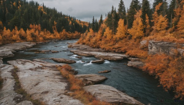 outdoors,sky,day,cloud,water,tree,no humans,cloudy sky,nature,scenery,forest,reflection,rock,mountain,autumn leaves,river,autumn,landscape,lake