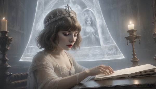 1girl,solo,breasts,short hair,brown hair,dress,cleavage,jewelry,sitting,closed mouth,closed eyes,upper body,indoors,necklace,white dress,bracelet,lips,see-through,book,chair,table,tiara,crown,veil,open book,realistic,candle,book stack,statue,candlestand,bangs,medium breasts,parted lips,makeup,lipstick,music,red lips