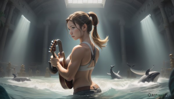 1girl,solo,long hair,breasts,looking at viewer,blue eyes,brown hair,hair ornament,holding,bare shoulders,medium breasts,swimsuit,ponytail,bikini,shorts,hairclip,looking back,indoors,water,lips,bird,back,sunlight,denim,instrument,wading,partially submerged,light rays,nose,music,guitar,sunbeam,playing instrument,holding instrument,dolphin,solo focus,day,belt,from behind,muscular,tank top,backlighting,toned,sports bra,hair tie,muscular female,multiple others,pillar,6+others