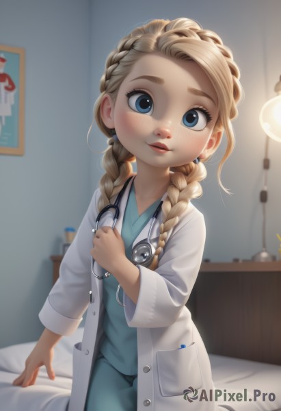 1girl,solo,long hair,looking at viewer,smile,blue eyes,blonde hair,long sleeves,braid,parted lips,indoors,blurry,twin braids,lips,bed,blurry background,on bed,aged down,child,hair over shoulder,freckles,labcoat,female child,lamp,stethoscope,doctor,age regression,blush,dress,jewelry,earrings,artist name,flat chest,eyelashes,kneeling,depth of field,thick eyebrows,forehead,nose,aqua dress