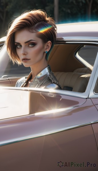 1girl,solo,looking at viewer,short hair,brown hair,jewelry,jacket,earrings,parted lips,necklace,mole,blurry,tree,lips,looking to the side,grey eyes,mole under eye,makeup,piercing,ground vehicle,motor vehicle,lens flare,freckles,nose,car,stud earrings,leather,leather jacket,car interior,green eyes,eyelashes,blurry background,sunlight,thick eyebrows,backlighting,realistic,hair behind ear,driving,steering wheel