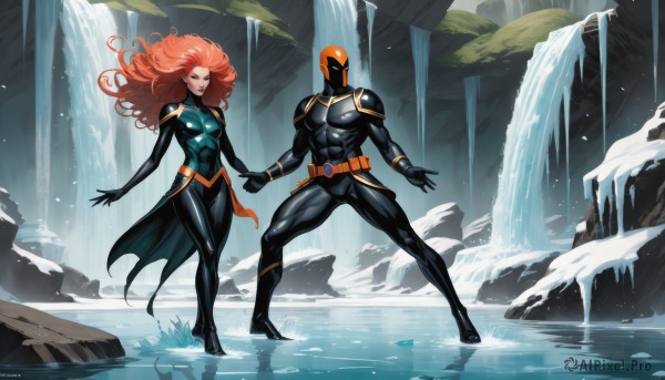 1girl,long hair,breasts,gloves,1boy,medium breasts,standing,full body,red hair,outdoors,shiny,belt,artist name,water,orange hair,armor,bodysuit,mask,muscular,colored skin,holding hands,helmet,skin tight,black bodysuit,animification,superhero,waterfall,smile,makeup,lipstick,curly hair