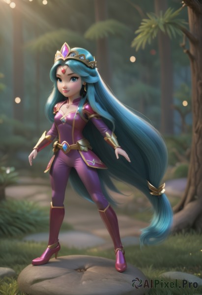 1girl,solo,long hair,breasts,looking at viewer,smile,bangs,blue eyes,hair ornament,long sleeves,cleavage,jewelry,very long hair,blue hair,standing,collarbone,full body,earrings,small breasts,boots,outdoors,alternate costume,pants,artist name,necklace,armor,blurry,high heels,tree,aqua hair,bodysuit,makeup,blurry background,sunlight,grass,tiara,lipstick,shoulder armor,gem,red footwear,nature,forest,low-tied long hair,light rays,red lips,medium breasts,lips,high heel boots