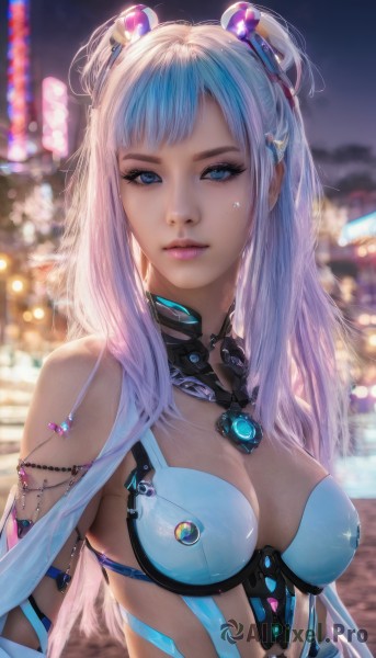 1girl,solo,long hair,breasts,looking at viewer,bangs,blue eyes,hair ornament,cleavage,bare shoulders,twintails,jewelry,medium breasts,closed mouth,blue hair,upper body,pink hair,multicolored hair,shiny,blurry,two-tone hair,lips,streaked hair,eyelashes,makeup,blurry background,realistic,nose,swimsuit,white hair,sidelocks,bikini,outdoors,night,depth of field,headgear,gem,science fiction,mascara,city lights